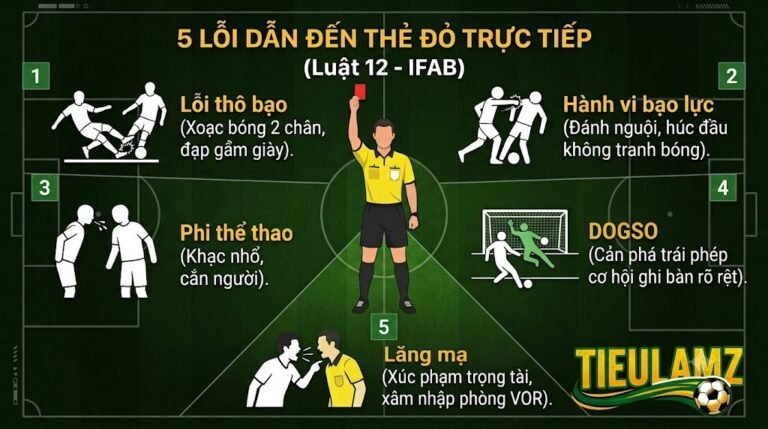 Đồ họa chi tiết 5 nhóm lỗi dẫn đến thẻ đỏ trực tiếp theo Luật 12 IFAB bao gồm lỗi thô bạo, bạo lực, khạc nhổ, DOGSO và lăng mạ.