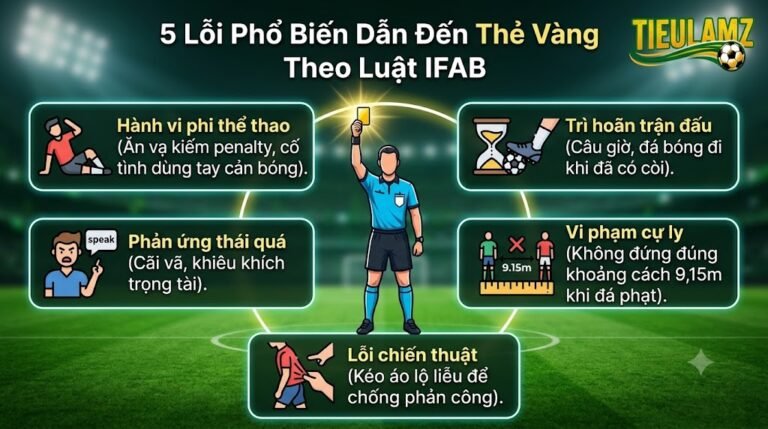 Infographic 5 lỗi phổ biến nhất dẫn đến thẻ vàng trong bóng đá theo luật IFAB.
