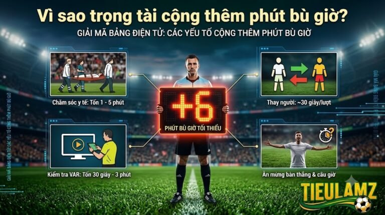 Infographic chi tiết các nguyên nhân khiến trọng tài cộng thêm thời gian bù giờ trong trận đấu bóng đá như: kiểm tra VAR, thay người, chấn thương và câu giờ.