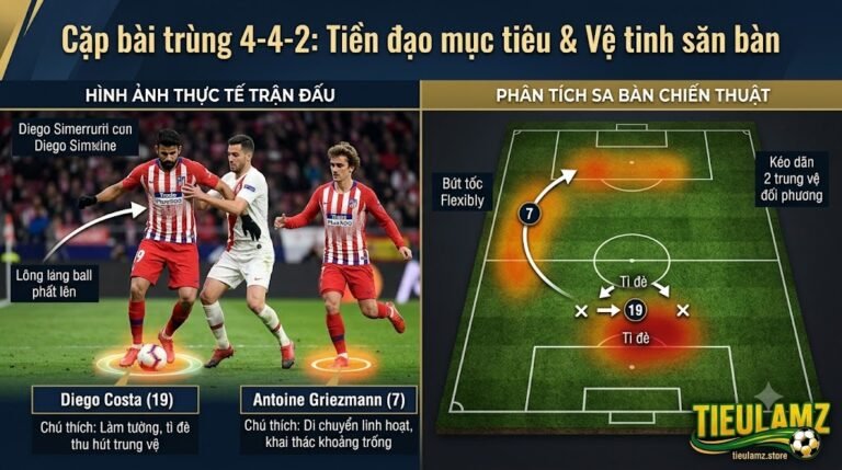 Sự phối hợp ăn ý giữa tiền đạo mục tiêu và tiền đạo săn bàn trong sơ đồ 4-4-2 của Atletico Madrid - TieulamTV trực tiếp bóng đá.