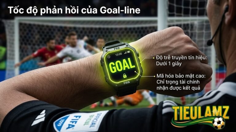 Trọng tài chính nhận tín hiệu báo bàn thắng GOAL tức thời từ công nghệ Goal-line qua đồng hồ thông minh.
