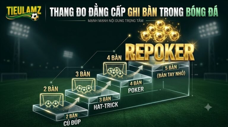 Infographic thang đo đẳng cấp ghi bàn trong bóng đá giải thích các cột mốc cú đúp, hat-trick, poker và đỉnh cao repoker.