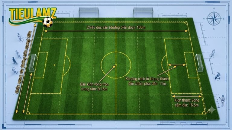 Sơ đồ chi tiết kích thước sân bóng đá 11 người chuẩn FIFA với chiều dài 105m, chiều rộng 68m và các vạch kẻ sân - Đồ họa bởi TieuLamTV.