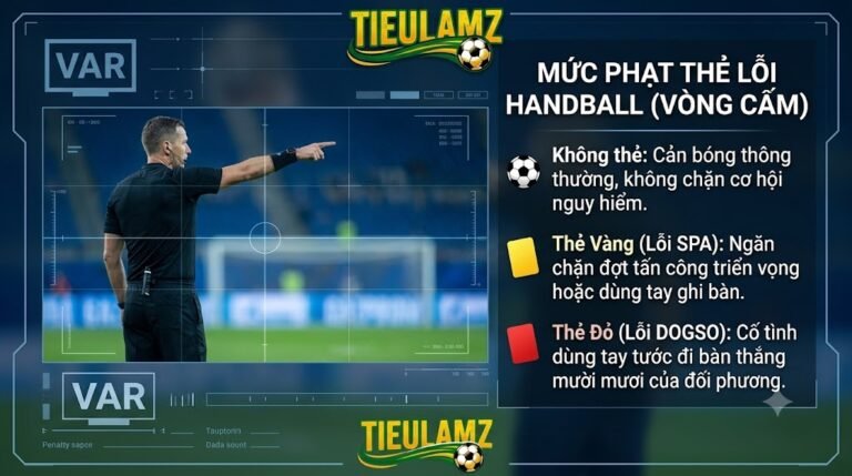 Bảng tóm tắt các mức án phạt thẻ vàng, thẻ đỏ cho lỗi chạm tay trong vòng cấm qua lăng kính công nghệ VAR trên Tiếu Lâm TV.