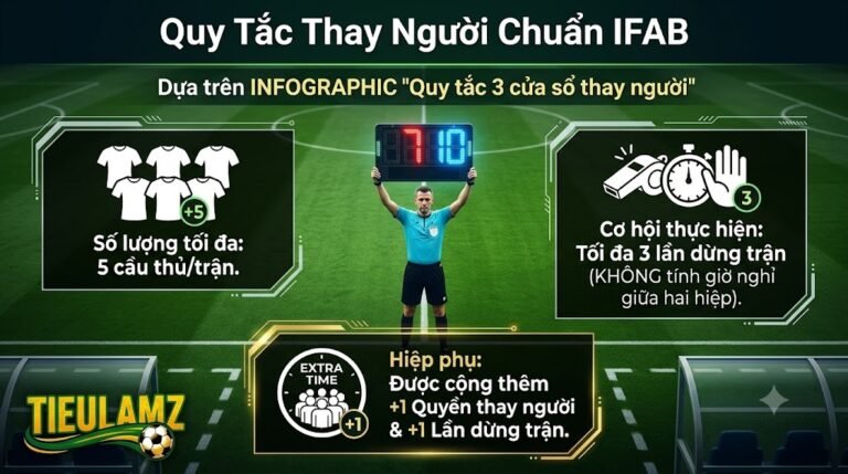 Infographic chi tiết quy tắc 3 cửa sổ thay người và số lượng tối đa 5 cầu thủ được phép thay trong một trận đấu theo chuẩn luật IFAB mới nhất.