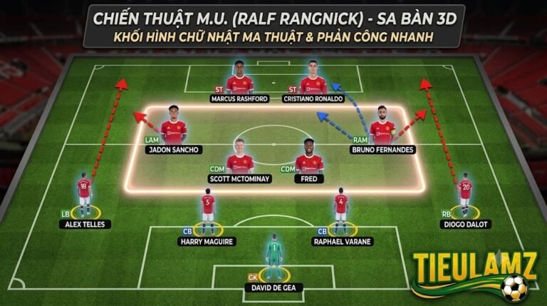 Sa bàn 3D phân tích sơ đồ chiến thuật 4-2-2-2 của Manchester United dưới thời HLV Ralf Rangnick với khối hình chữ nhật ma thuật ở tuyến giữa.