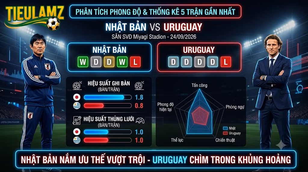 Bảng phân tích thống kê phong độ và so sánh sức mạnh Nhật Bản vs Uruguay trước trận đấu